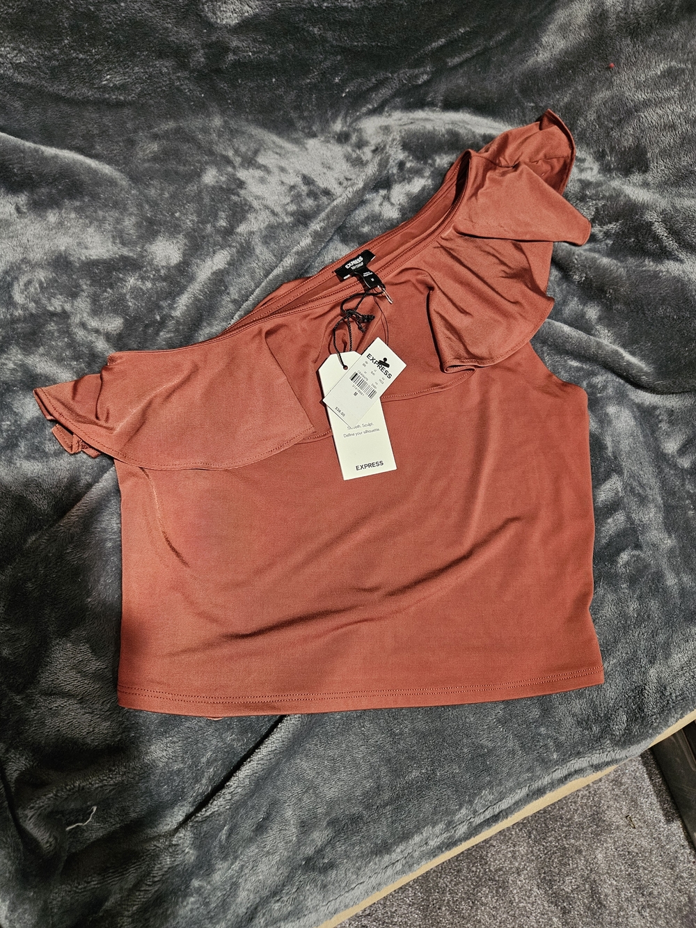 Express One-Shoulder Ruffle Crop Top - Rust